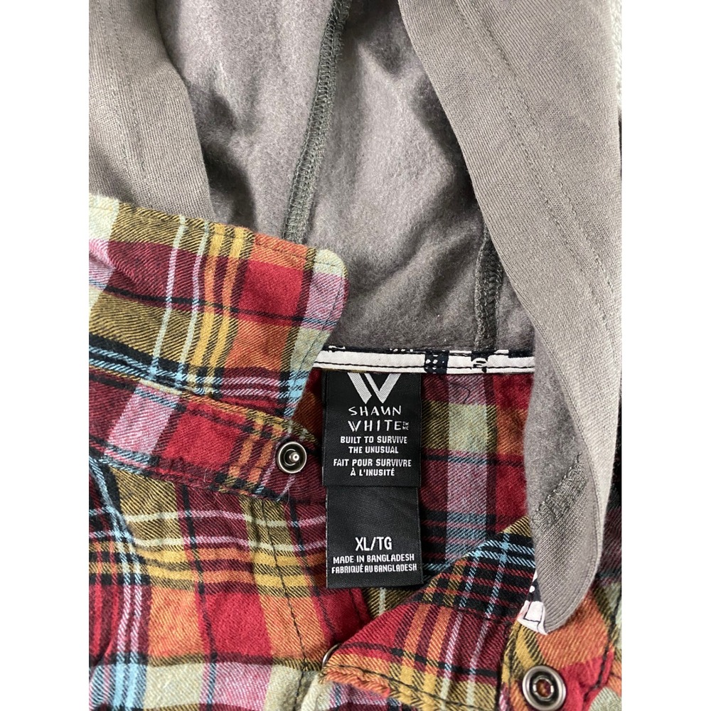 Shawn White Mens‎ XL Hooded Flannel Shirt Red Plaid Snap Button Long Slv Skater - Picture 3 of 10
